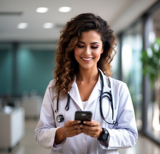 Médico utilizando o smartphone no hospital